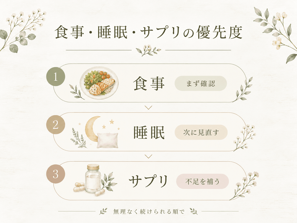 食事、睡眠、サプリの優先度